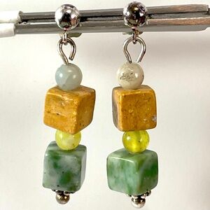 925 Sterling Silver Unsigned Artisan Jade and Yellow Jasper Dangle Earrings